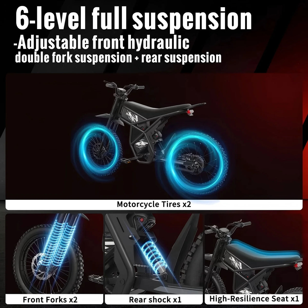 Ridingtimes GT73 Electric Motorbike 2400W 48V 18.2ah*2 Electric BIKE with 25" Tires Digital Screen Carbon - Product image 2