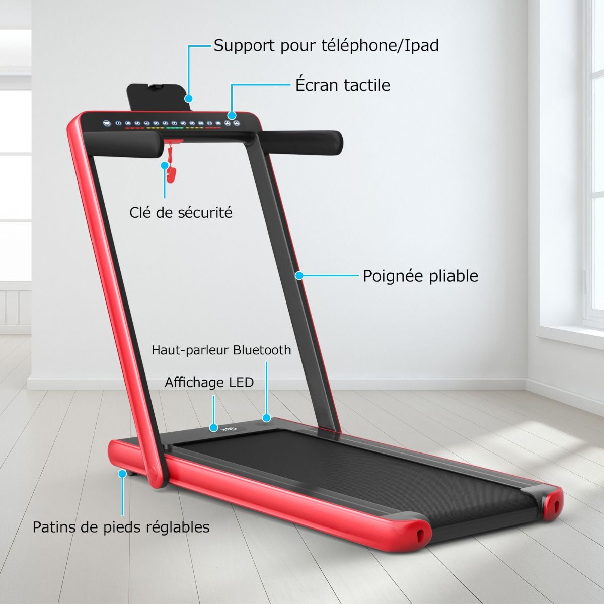 Foldable Treadmill 0.75HP Double LED Display APP and Remote Control Motorized Speed ​​12 km/h Surface 40x100cm Red -