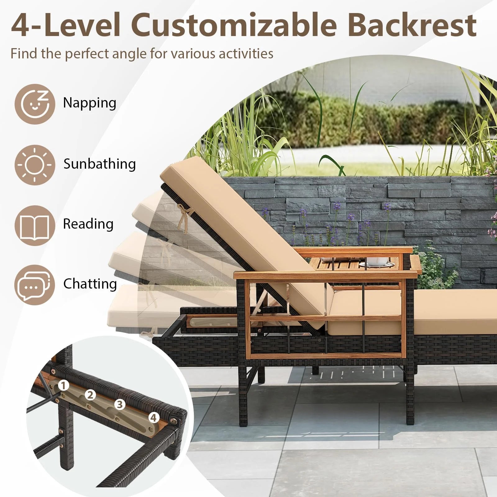 Tangkula 3 Pieces Patio Chaise Lounge Set 2 Rattan Lounge Chairs Side Table - Product image 3