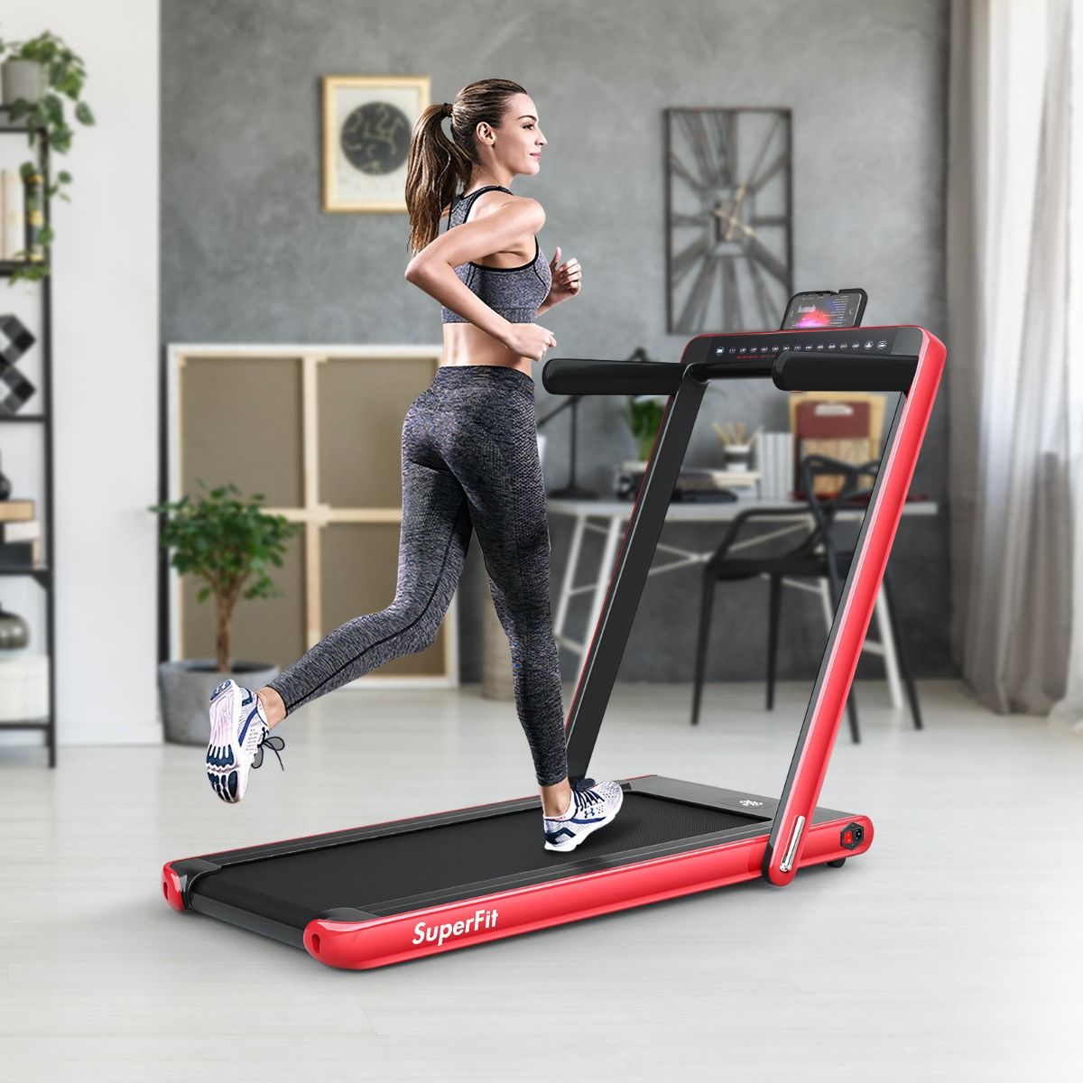 Foldable Treadmill 0.75HP Double LED Display APP and Remote Control Motorized Speed ​​12 km/h Surface 40x100cm Red -