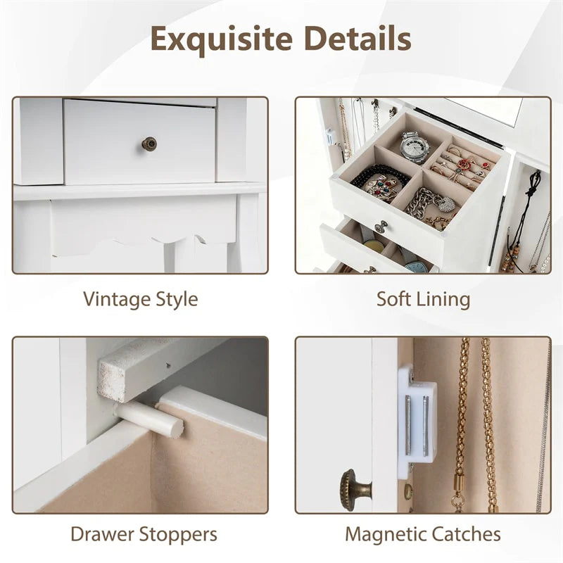 Standing Jewelry Armoire Cabinet with Flip Top Mirror, 4 Drawers, 8 Necklace Hooks & 2 Side Doors - Product image 30