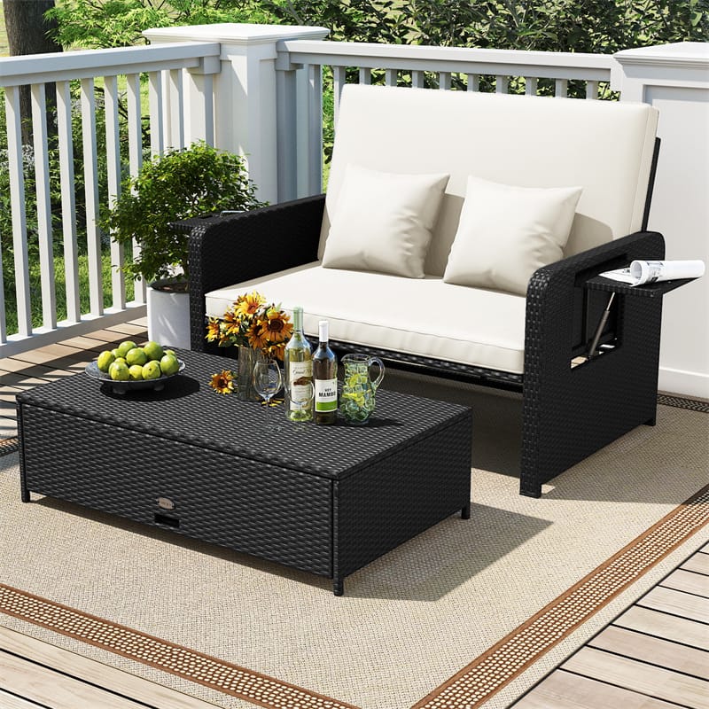 Patio Rattan Daybed Outdoor Wicker Loveseat Sofa with 4-Level Adjustable Backrest, Storage Ottoman - Product image 26