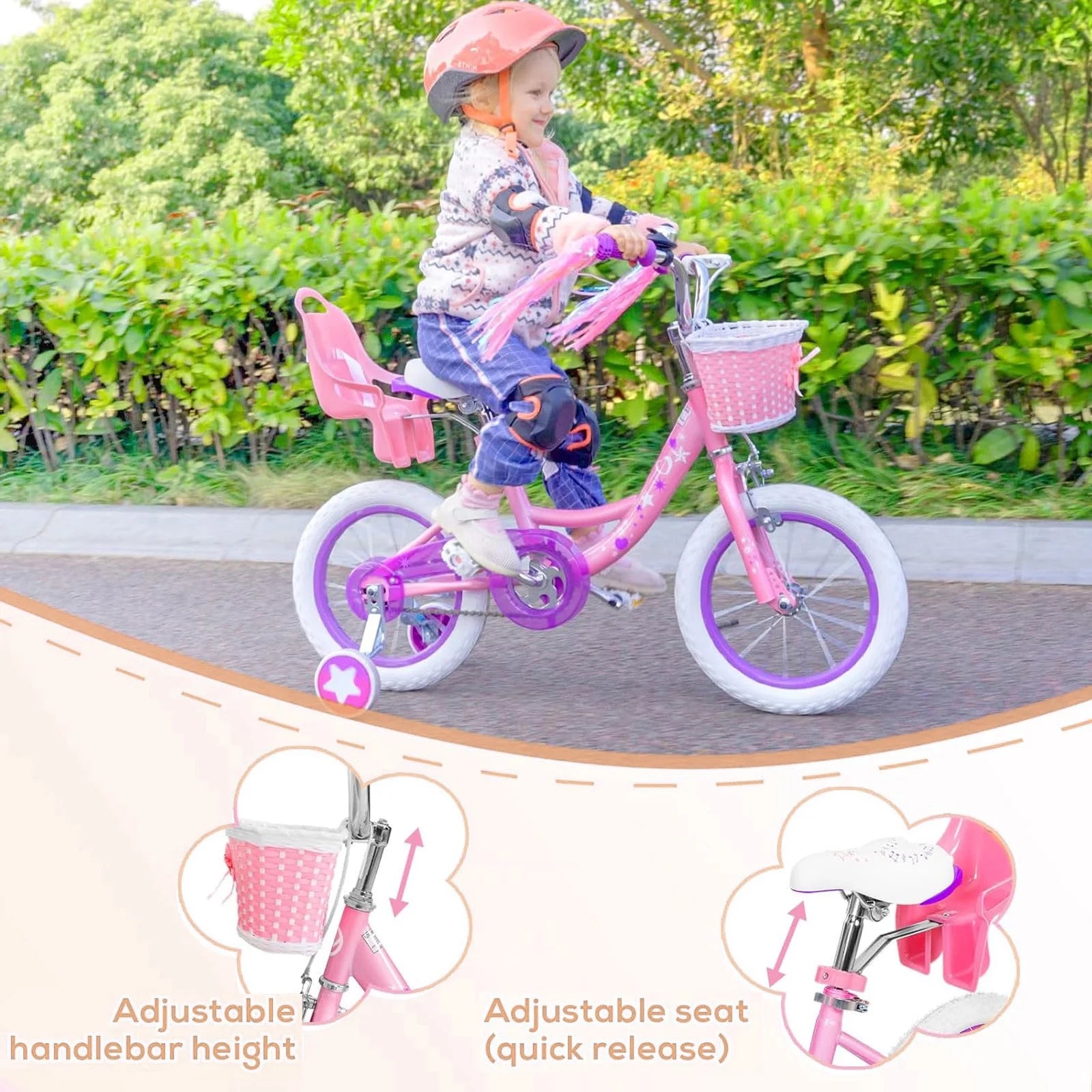 Hykolity 14" Girls Bikes with Basket, Doll Seat, Removable Training Wheel, Adjustable Sanddle - Product image 3