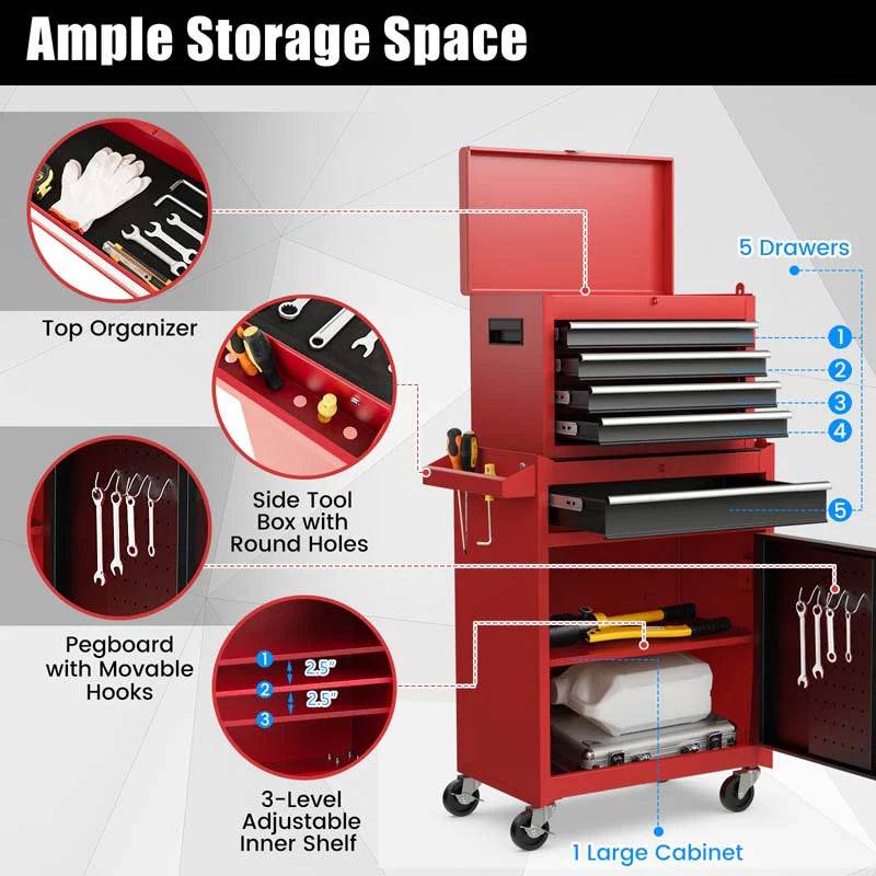 2-in-1 Rolling Tool Chest, 5-Drawer Tool Storage Cabinet with Wheels, Adjustable Shelf - Product image 46