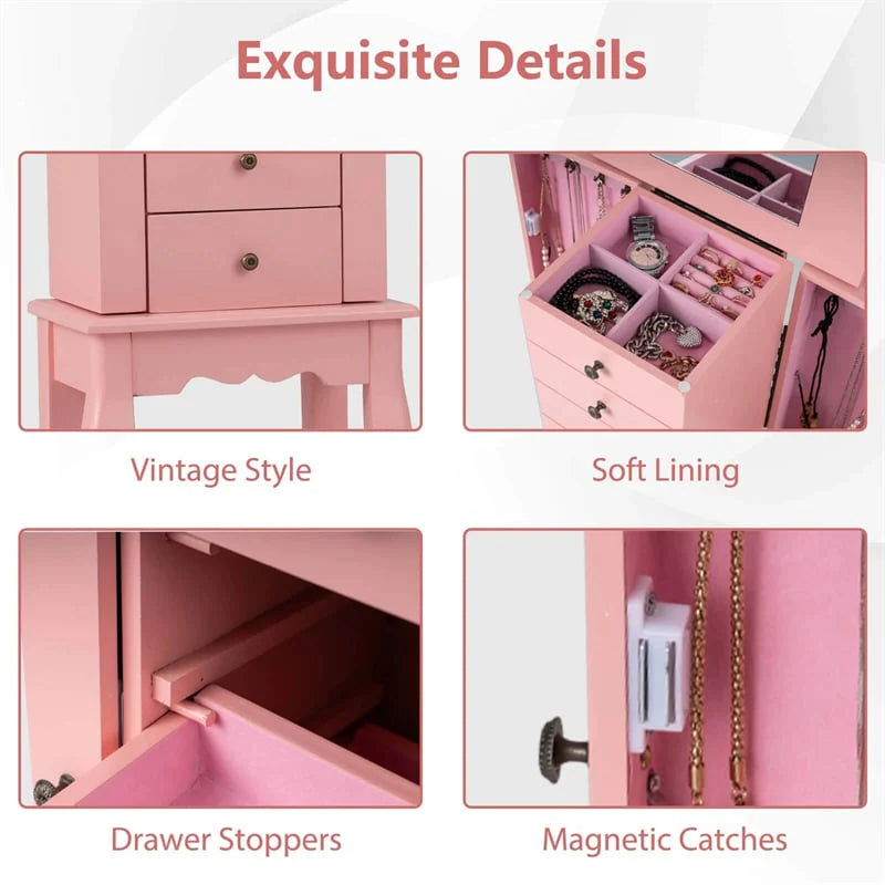 Standing Jewelry Armoire Cabinet with Flip Top Mirror, 4 Drawers, 8 Necklace Hooks & 2 Side Doors - Product image 39