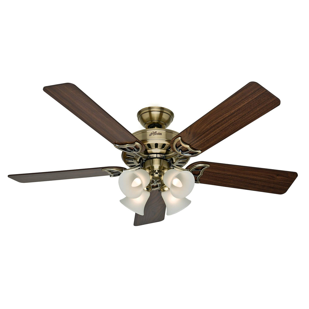 Hunter Studio Series 52" Ceiling Fan with 4-Light Kit - Antique Brass - Walnut/Medium Oak Blades - Product image 1
