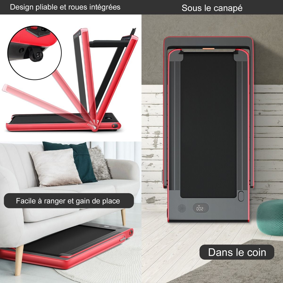 Foldable Treadmill 0.75HP Double LED Display APP and Remote Control Motorized Speed ​​12 km/h Surface 40x100cm Red -