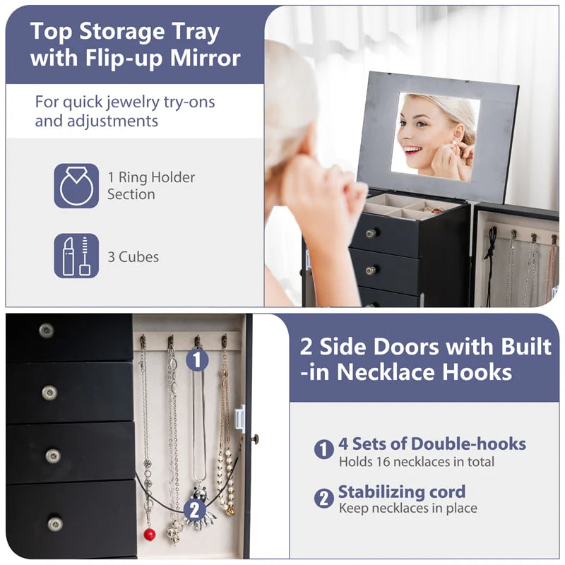 Standing Jewelry Armoire Cabinet with Flip Top Mirror, 4 Drawers, 8 Necklace Hooks & 2 Side Doors - Product image 18
