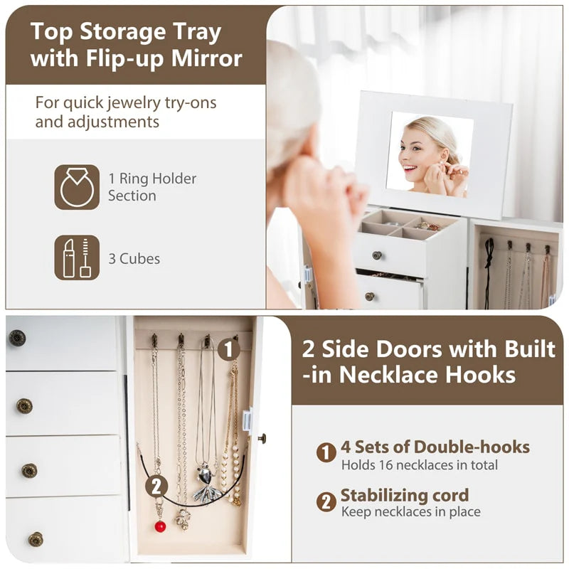 Standing Jewelry Armoire Cabinet with Flip Top Mirror, 4 Drawers, 8 Necklace Hooks & 2 Side Doors - Product image 29