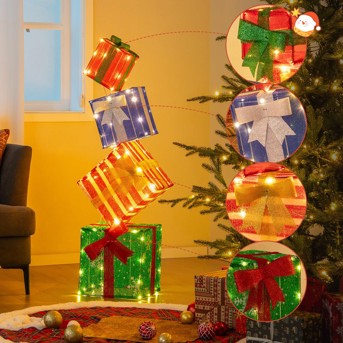 Tangkula 4 FT Lighted Stacked Gift Boxes, Light up Box Tower Christmas Decorations with Built-in LED Lights - Product image 4