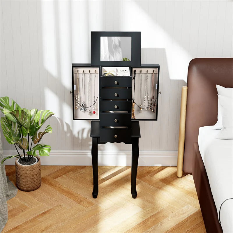 Standing Jewelry Armoire Cabinet with Flip Top Mirror, 4 Drawers, 8 Necklace Hooks & 2 Side Doors - Product image 14