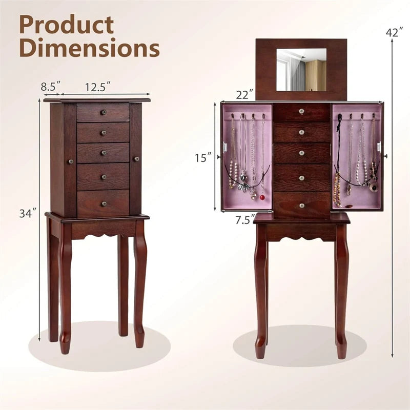 Standing Jewelry Armoire Cabinet with Flip Top Mirror, 4 Drawers, 8 Necklace Hooks & 2 Side Doors - Product image 5