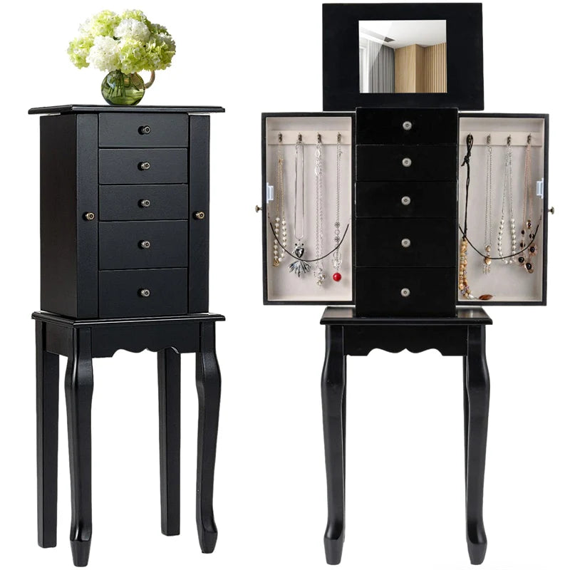 Standing Jewelry Armoire Cabinet with Flip Top Mirror, 4 Drawers, 8 Necklace Hooks & 2 Side Doors - Product image 12