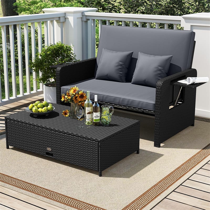 Patio Rattan Daybed Outdoor Wicker Loveseat Sofa with 4-Level Adjustable Backrest, Storage Ottoman - Product image 2