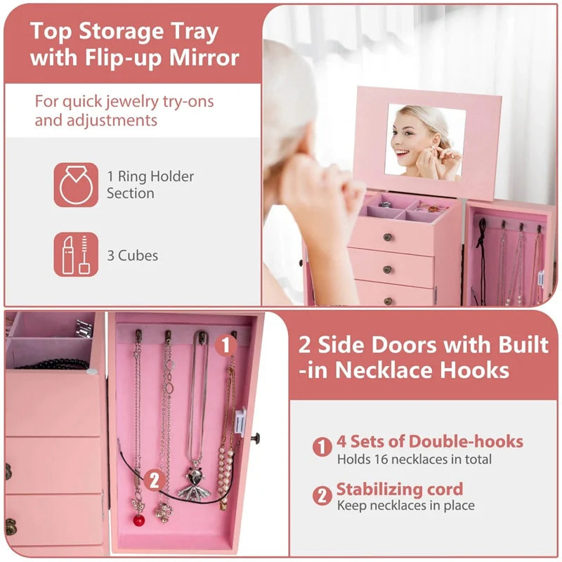 Standing Jewelry Armoire Cabinet with Flip Top Mirror, 4 Drawers, 8 Necklace Hooks & 2 Side Doors - Product image 41
