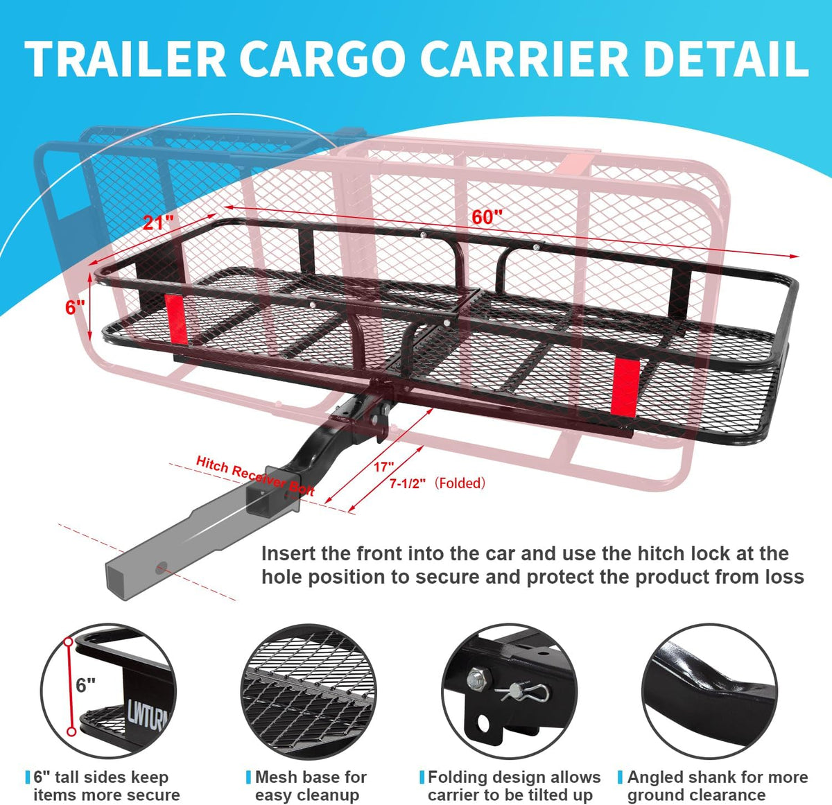 LWTURMRT 60" x 22" x 6" Hitch Cargo Rack with Waterproof Cargo Bag (58" x 20" x 24"), Rust Resistant Baking Paint and Alloy Steel Material