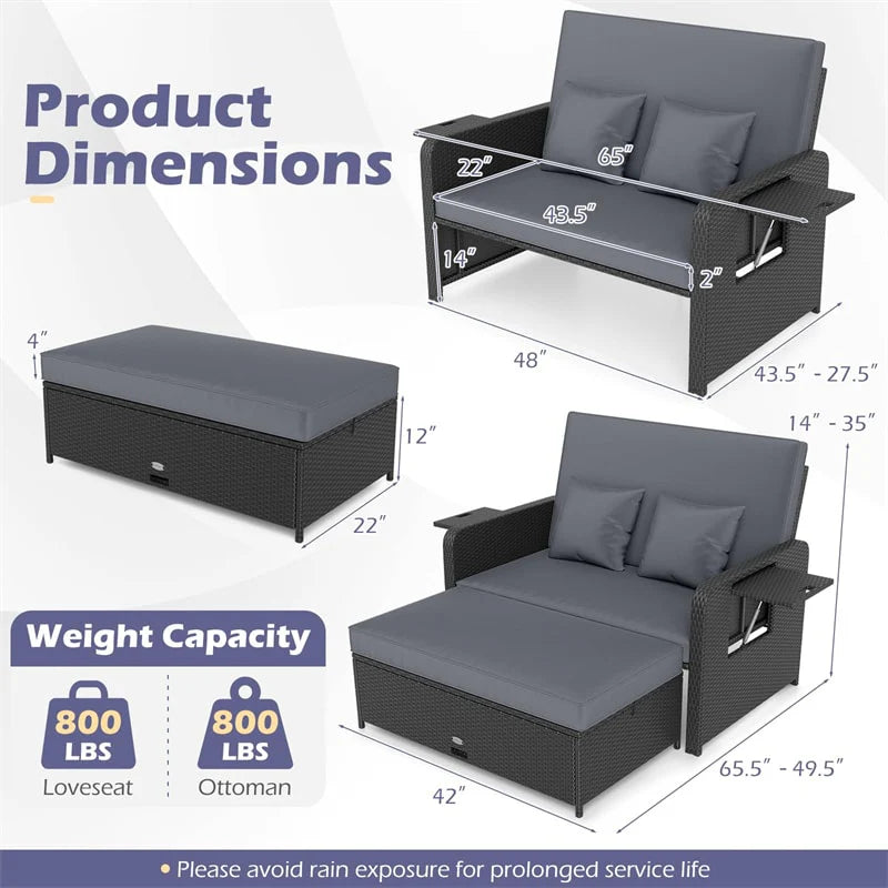 Patio Rattan Daybed Outdoor Wicker Loveseat Sofa with 4-Level Adjustable Backrest, Storage Ottoman - Product image 4