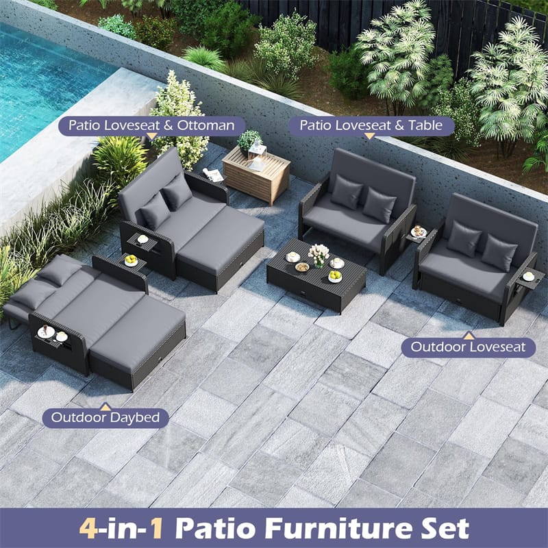 Patio Rattan Daybed Outdoor Wicker Loveseat Sofa with 4-Level Adjustable Backrest, Storage Ottoman - Product image 10