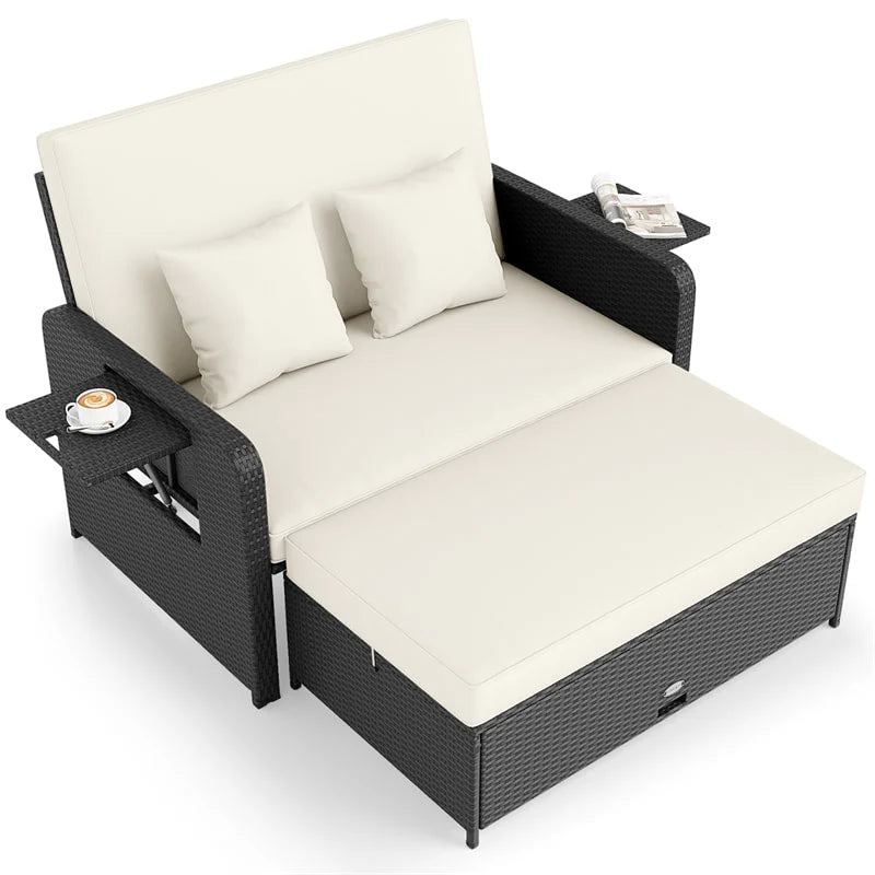 Patio Rattan Daybed Outdoor Wicker Loveseat Sofa with 4-Level Adjustable Backrest, Storage Ottoman - Product image 25