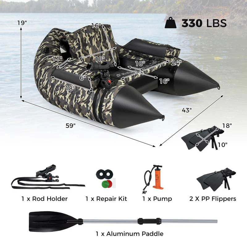 Inflatable Fishing Float Tube, 350 LBS Capacity Belly Boat with Paddle, Flippers, Rod Holder, Fish Ruler - Product image 10
