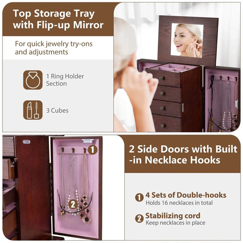 Standing Jewelry Armoire Cabinet with Flip Top Mirror, 4 Drawers, 8 Necklace Hooks & 2 Side Doors - Product image 6