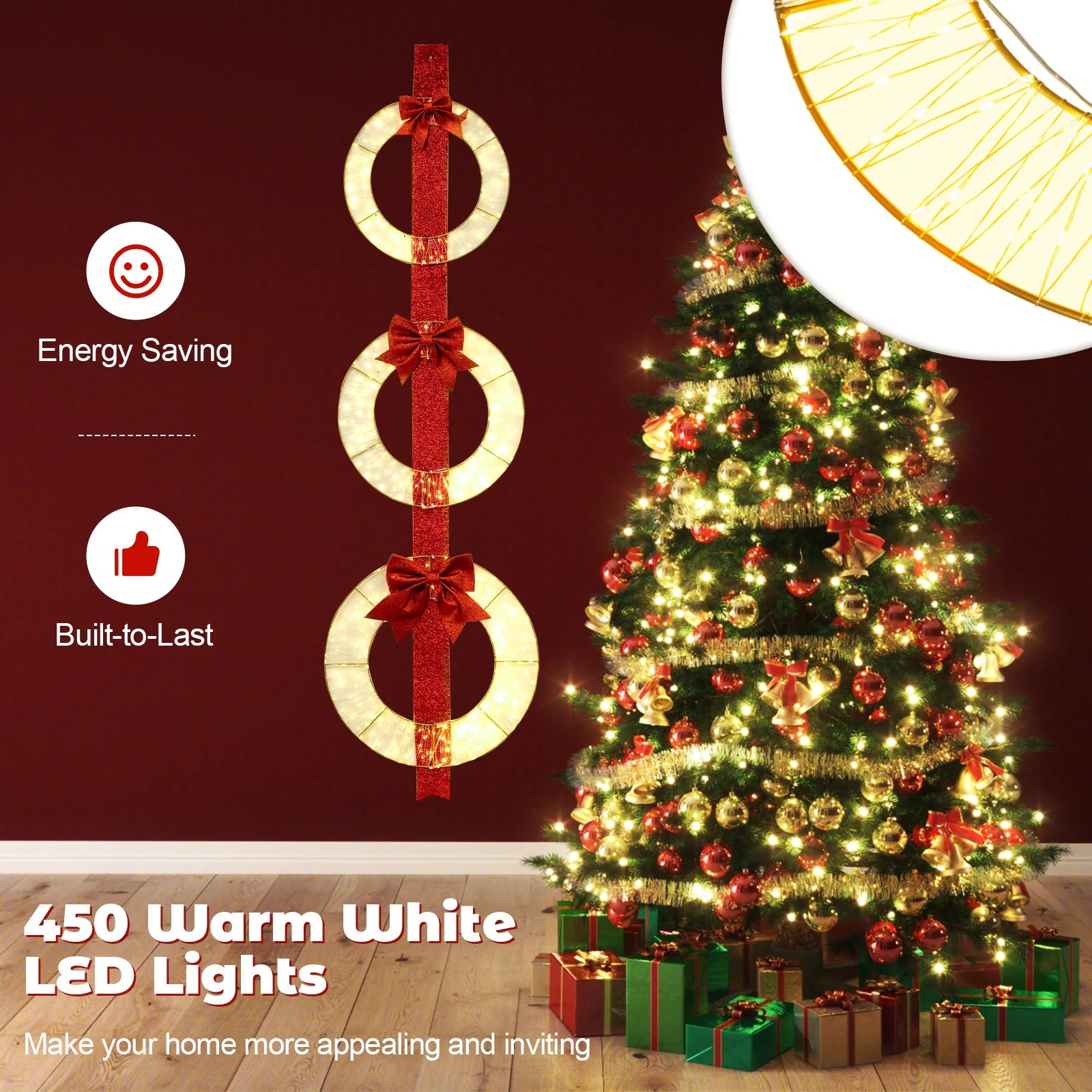 Tangkula Set of 3 Christmas Lighted Wreaths, Pre-Lit Metal Wreaths on Red Ribbon w/ 450 Warm White LED - Product image 5