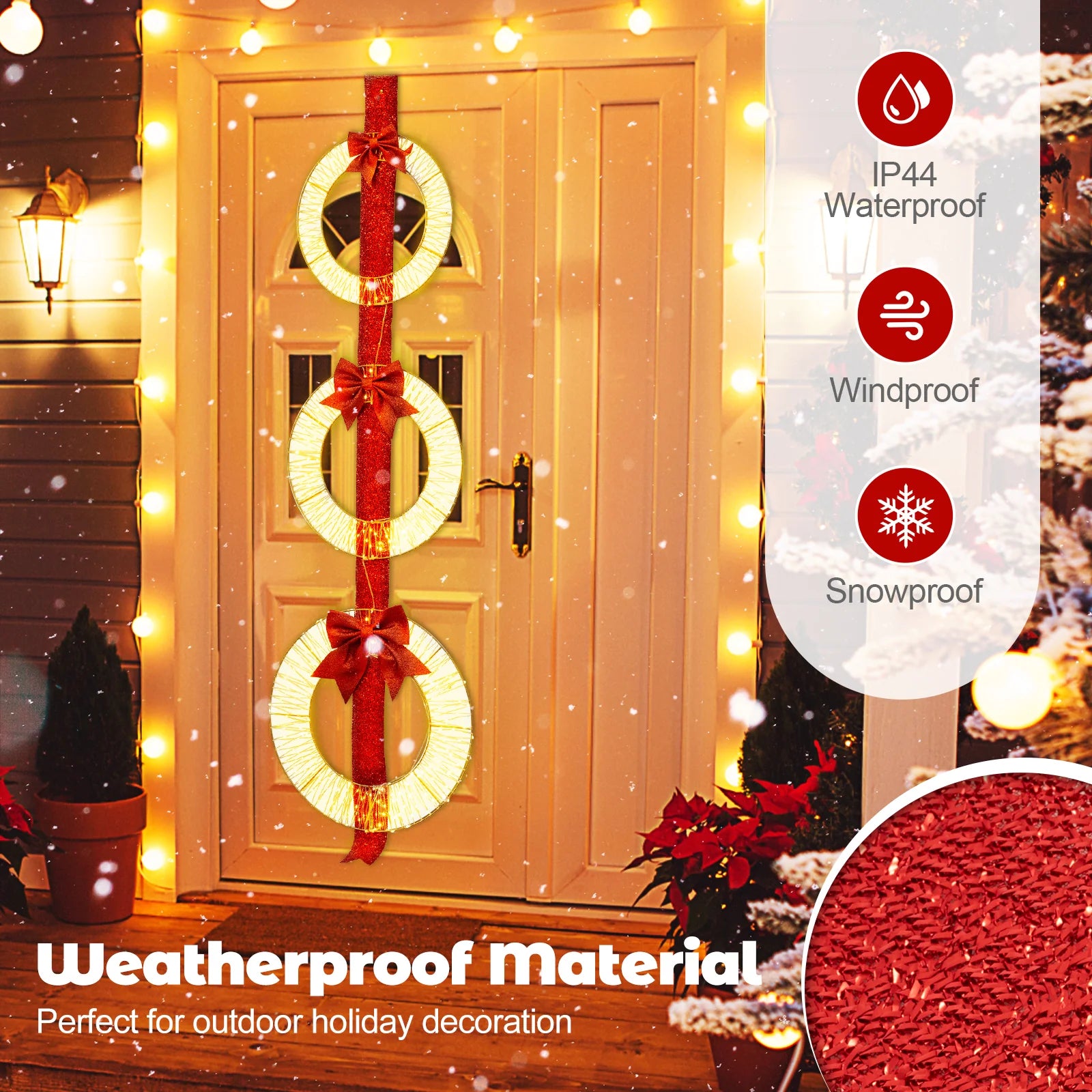 Tangkula Set of 3 Christmas Lighted Wreaths, Pre-Lit Metal Wreaths on Red Ribbon w/ 450 Warm White LED - Product image 6