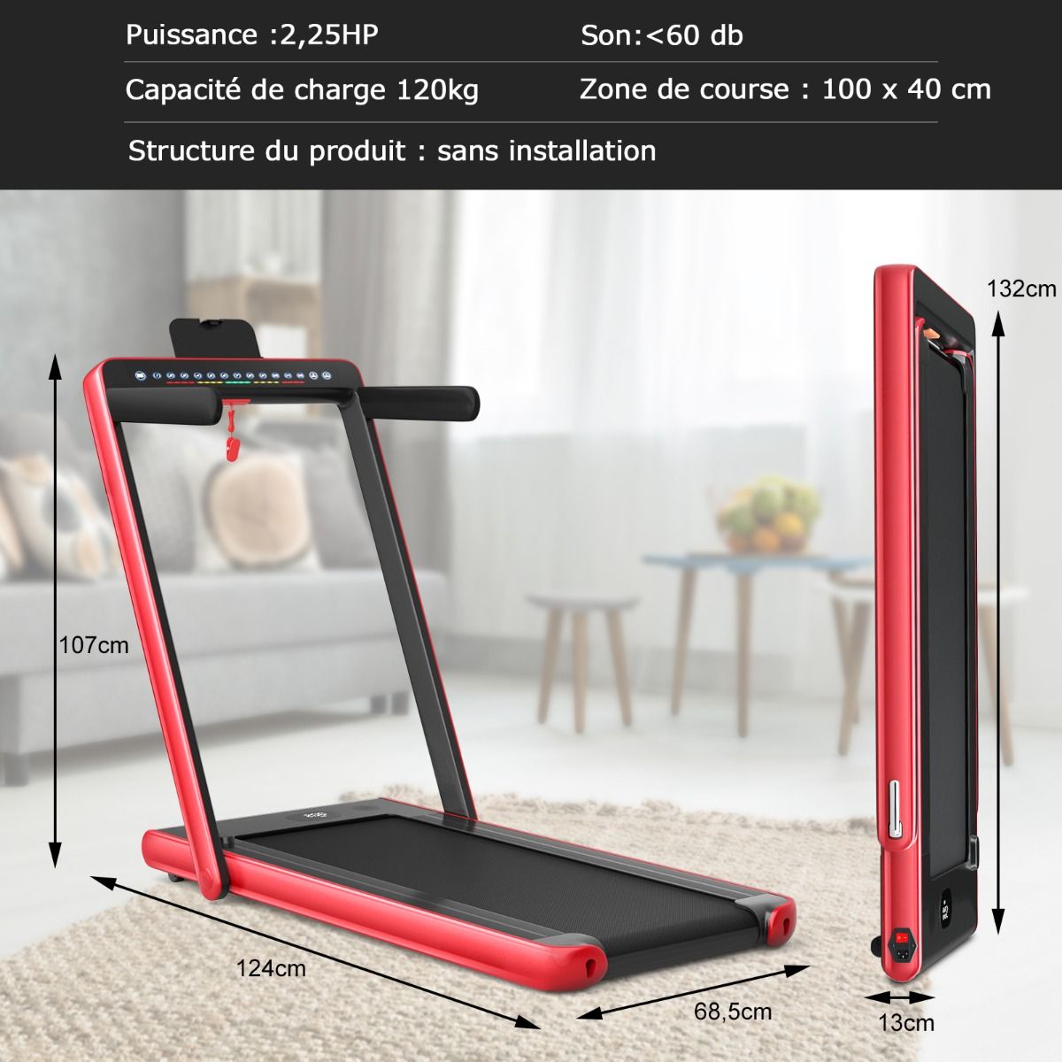 Foldable Treadmill 0.75HP Double LED Display APP and Remote Control Motorized Speed ​​12 km/h Surface 40x100cm Red -