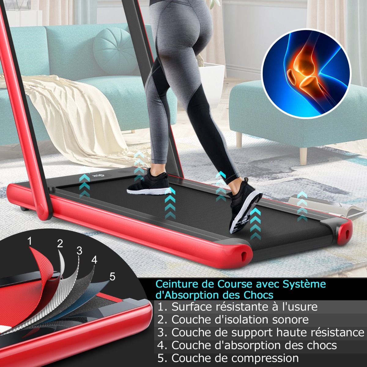 Foldable Treadmill 0.75HP Double LED Display APP and Remote Control Motorized Speed ​​12 km/h Surface 40x100cm Red -