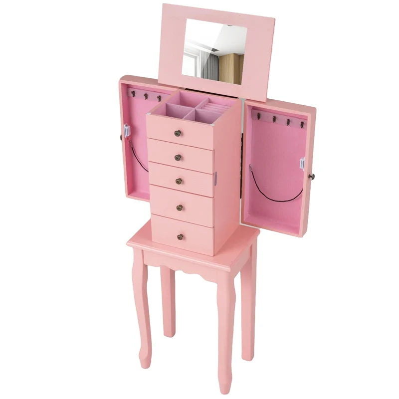 Standing Jewelry Armoire Cabinet with Flip Top Mirror, 4 Drawers, 8 Necklace Hooks & 2 Side Doors - Product image 44