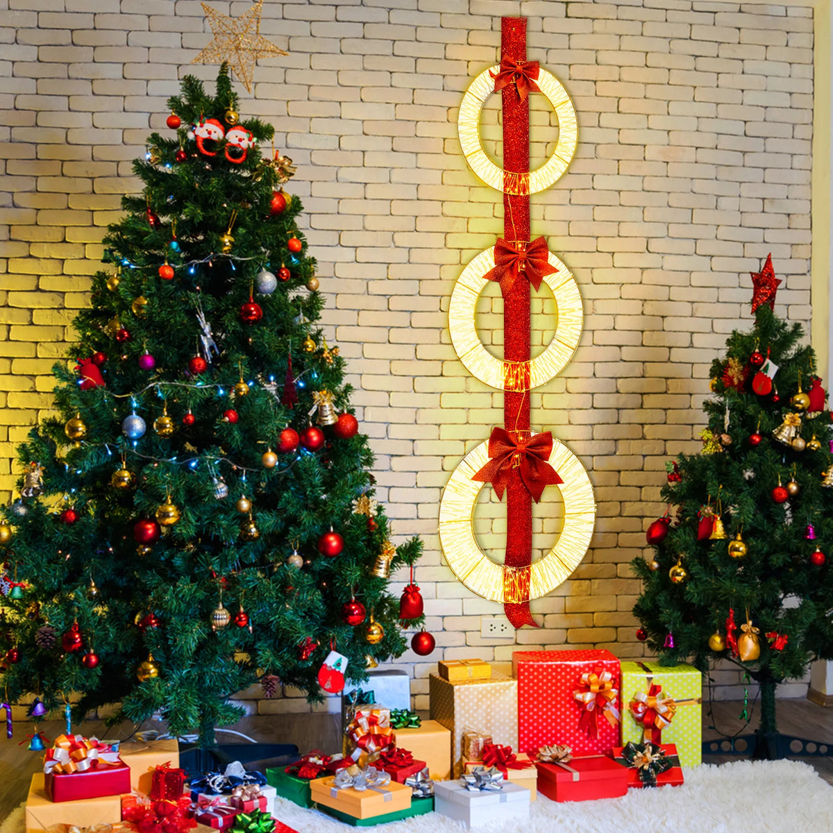 Tangkula Set of 3 Christmas Lighted Wreaths, Pre-Lit Metal Wreaths on Red Ribbon w/ 450 Warm White LED - Product image 3