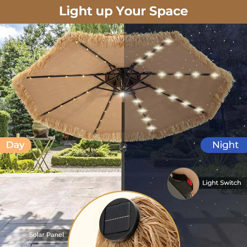 9FT Thatched Tiki Patio Umbrella with 33 Solar LED Lights, Hawaiian Style 2-Tier Hula Beach Umbrella with Tilt & Crank for Pool, Backyard, Garden
