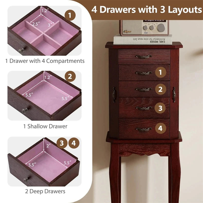Standing Jewelry Armoire Cabinet with Flip Top Mirror, 4 Drawers, 8 Necklace Hooks & 2 Side Doors - Product image 9