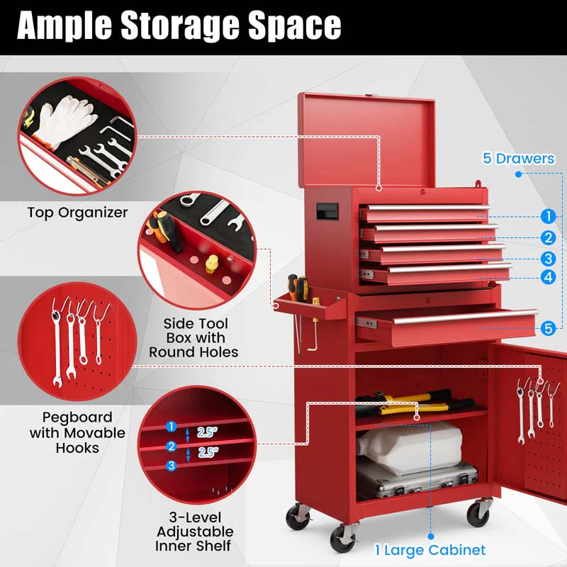 2-in-1 Rolling Tool Chest, 5-Drawer Tool Storage Cabinet with Wheels, Adjustable Shelf - Product image 34
