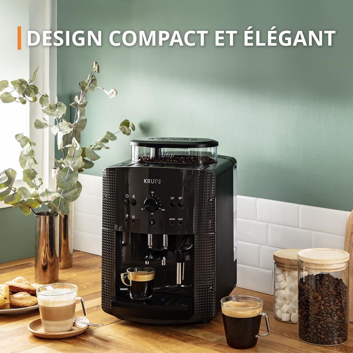 Bean coffee machine, 1.7 L, 2 cups simultaneously, Automatic cleaning, Steam nozzle for Cappuccino, Espresso coffee maker, Essential black YY8125FD, Black -