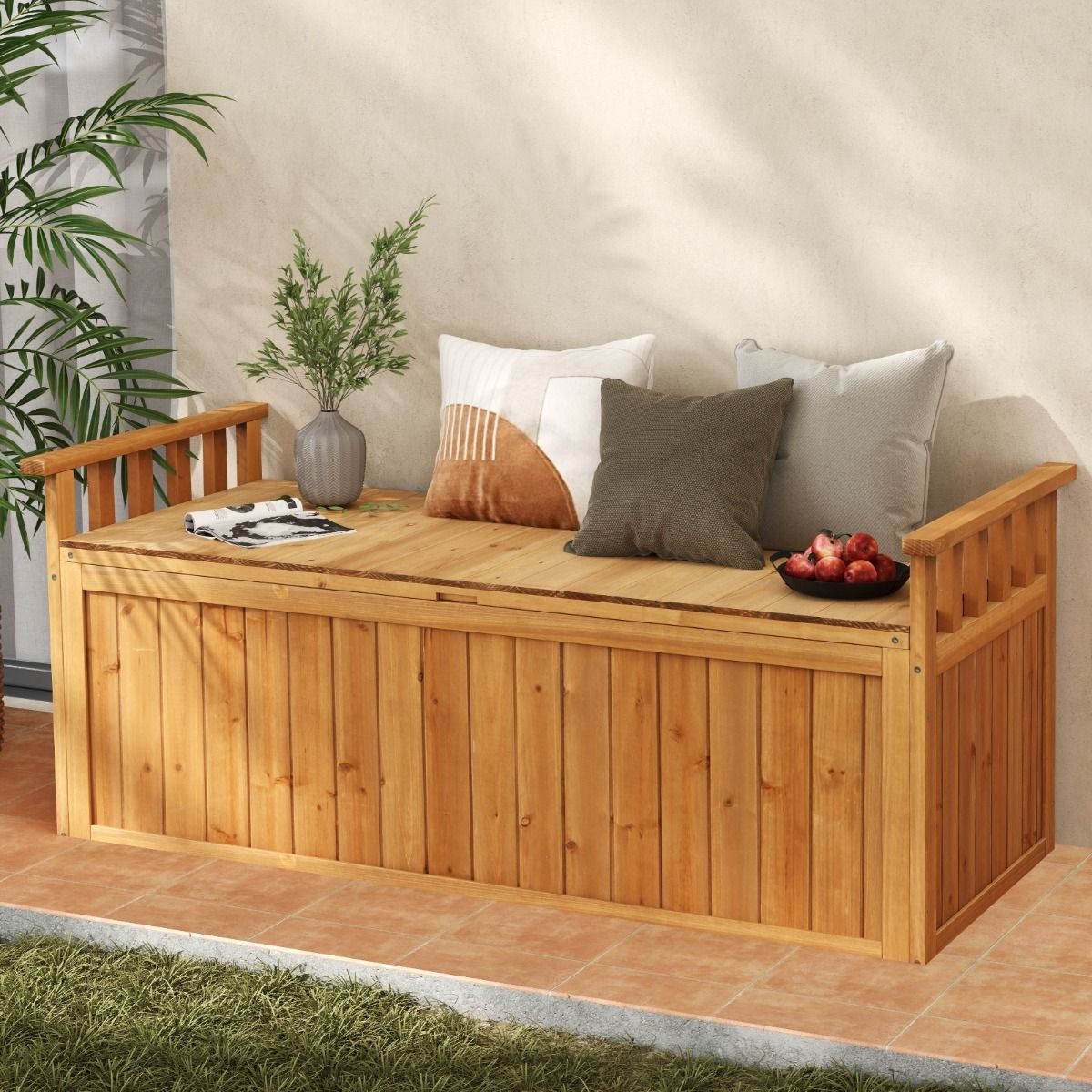 Wooden Storage Bench 209 L 2-Seater Outdoor Bench with Armrests Wooden Storage Box Load 100KG Natural -