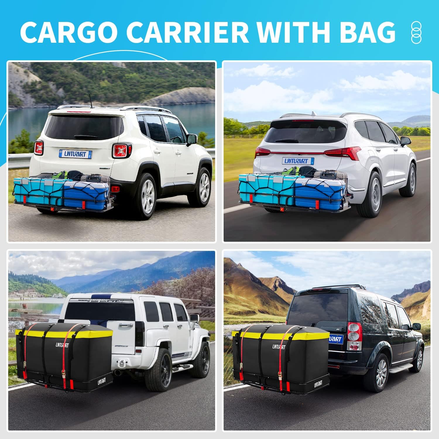 LWTURMRT 60" x 22" x 6" Hitch Cargo Rack with Waterproof Cargo Bag (58" x 20" x 24"), Rust Resistant Baking Paint and Alloy Steel Material
