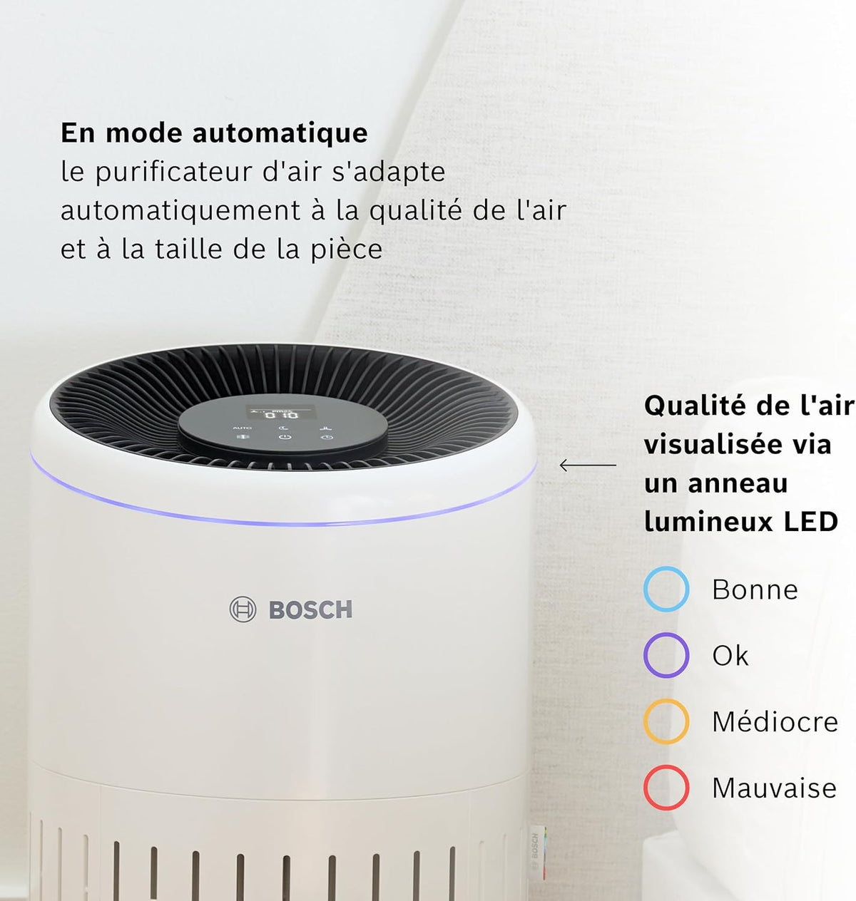 Bosch Air 4000 - Air purifier - For rooms up to 62.5 m² - Effectively filters more than 99% of pollutants - An intelligent sensor, auto and silence modes (< 25 dB(A)) - CADR: 300 m³/h