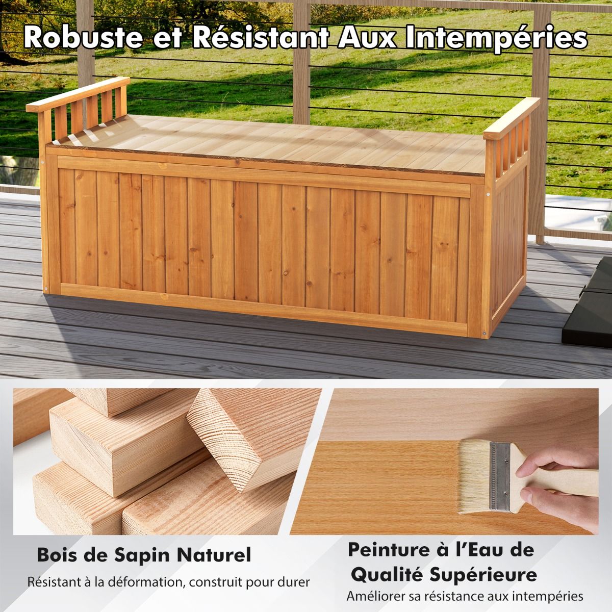 Wooden Storage Bench 209 L 2-Seater Outdoor Bench with Armrests Wooden Storage Box Load 100KG Natural -