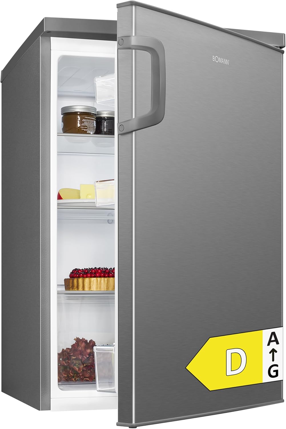 Bomann 133L stainless steel refrigerator VS2195-1-inox, Net capacity: 133 liters, LED interior lighting, Continuous temperature control, 3 glass shelves