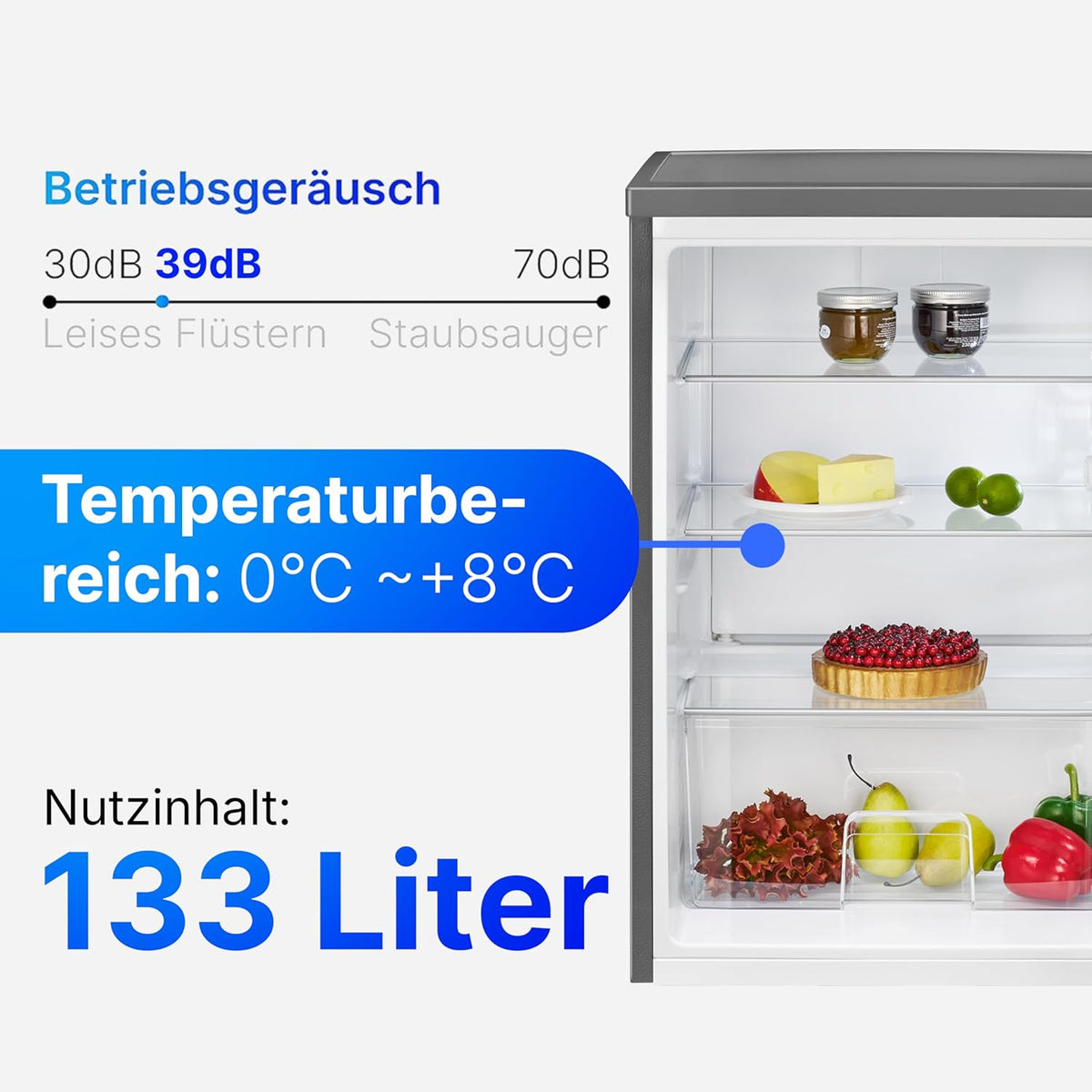 Bomann 133L stainless steel refrigerator VS2195-1-inox, Net capacity: 133 liters, LED interior lighting, Continuous temperature control, 3 glass shelves