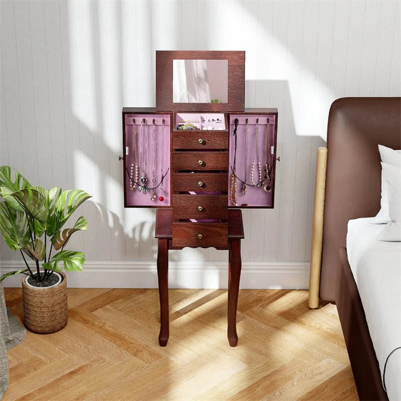 Standing Jewelry Armoire Cabinet with Flip Top Mirror, 4 Drawers, 8 Necklace Hooks & 2 Side Doors - Product image 3