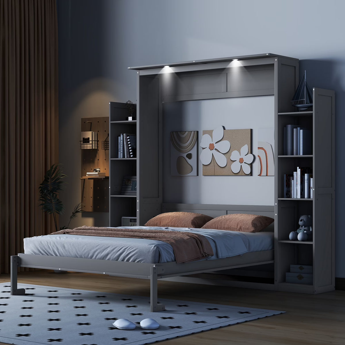 Aukfa Queen Size Murphy Bed with 5 - Tier Storage Shelf & LED Lights - Product image 1