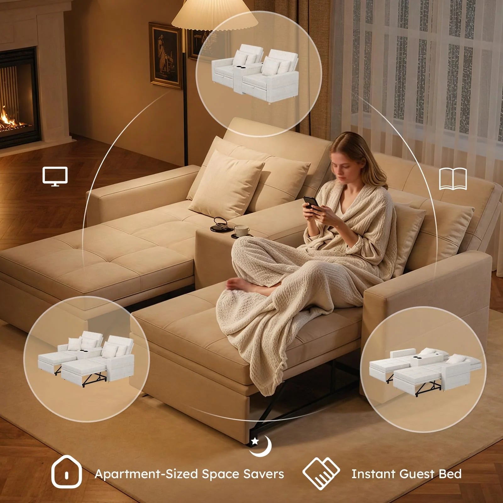 AECOJOY 75" Sleeper Chair, 3 in 1 Convertible Sleeper Sofa Bed, 2-Seater Pull Out Couch Bed - Product image 10