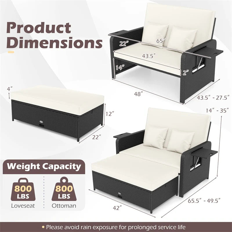 Patio Rattan Daybed Outdoor Wicker Loveseat Sofa with 4-Level Adjustable Backrest, Storage Ottoman - Product image 28