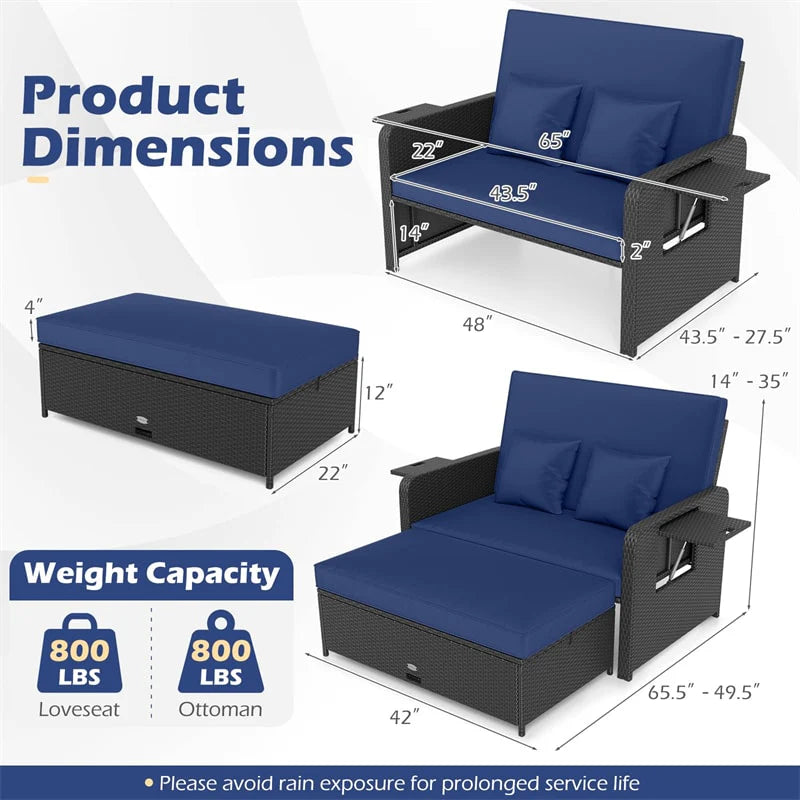 Patio Rattan Daybed Outdoor Wicker Loveseat Sofa with 4-Level Adjustable Backrest, Storage Ottoman - Product image 17