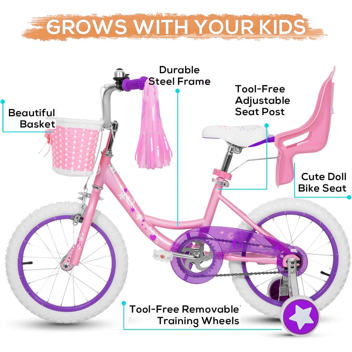 Hykolity 14" Girls Bikes with Basket, Doll Seat, Removable Training Wheel, Adjustable Sanddle - Product image 4