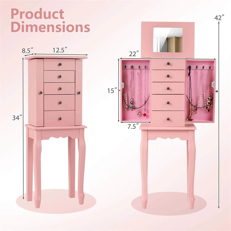 Standing Jewelry Armoire Cabinet with Flip Top Mirror, 4 Drawers, 8 Necklace Hooks & 2 Side Doors - Product image 38