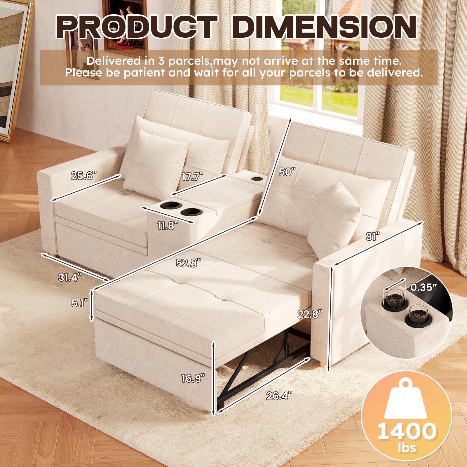 AECOJOY 75" Sleeper Chair, 3 in 1 Convertible Sleeper Sofa Bed, 2-Seater Pull Out Couch Bed - Product image 5