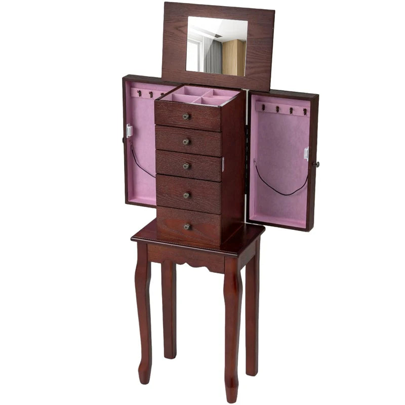 Standing Jewelry Armoire Cabinet with Flip Top Mirror, 4 Drawers, 8 Necklace Hooks & 2 Side Doors - Product image 11